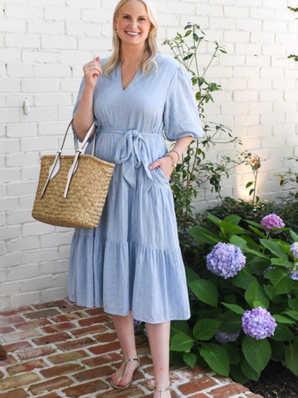 Roller Rabbit Blue Valonia Soft Metallic Gold Puffed 3/4 Sleeve Midi Dress Small